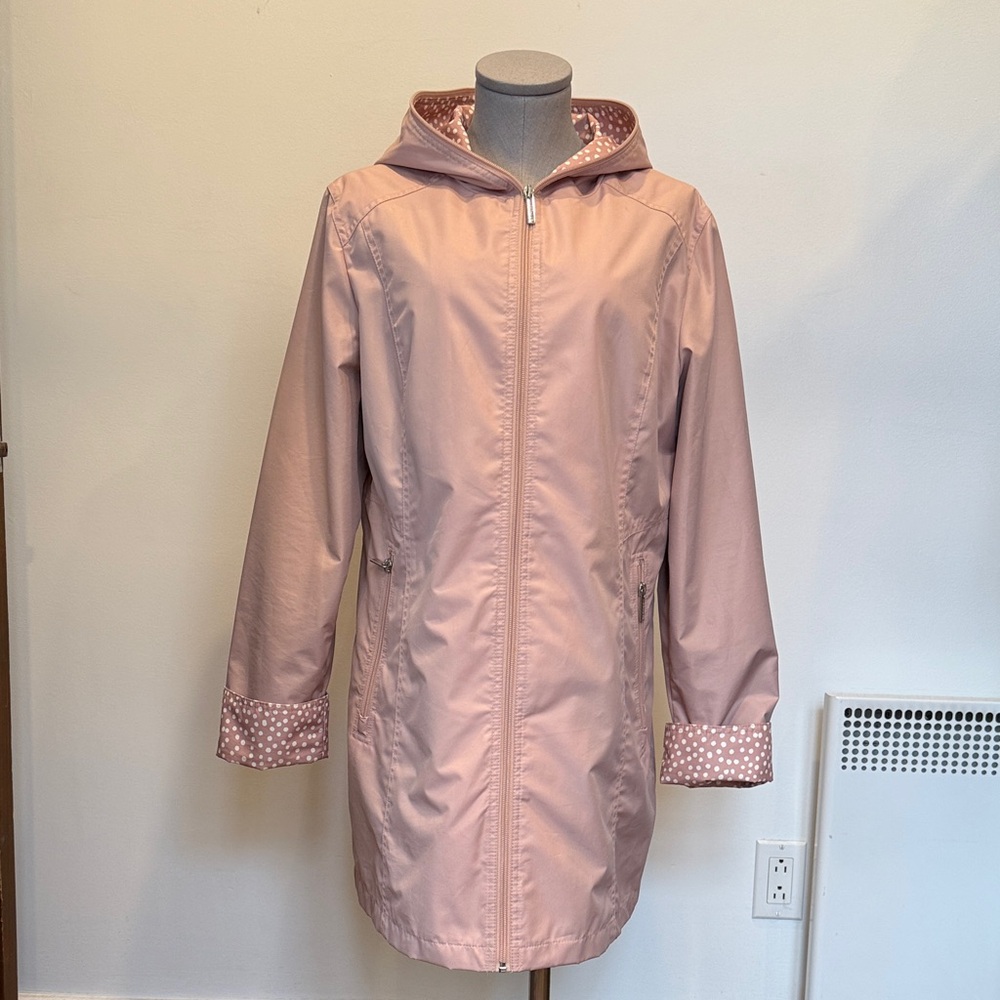 Nordstrom Pink Hooded Raincoat Polka Dot Lining Size 10